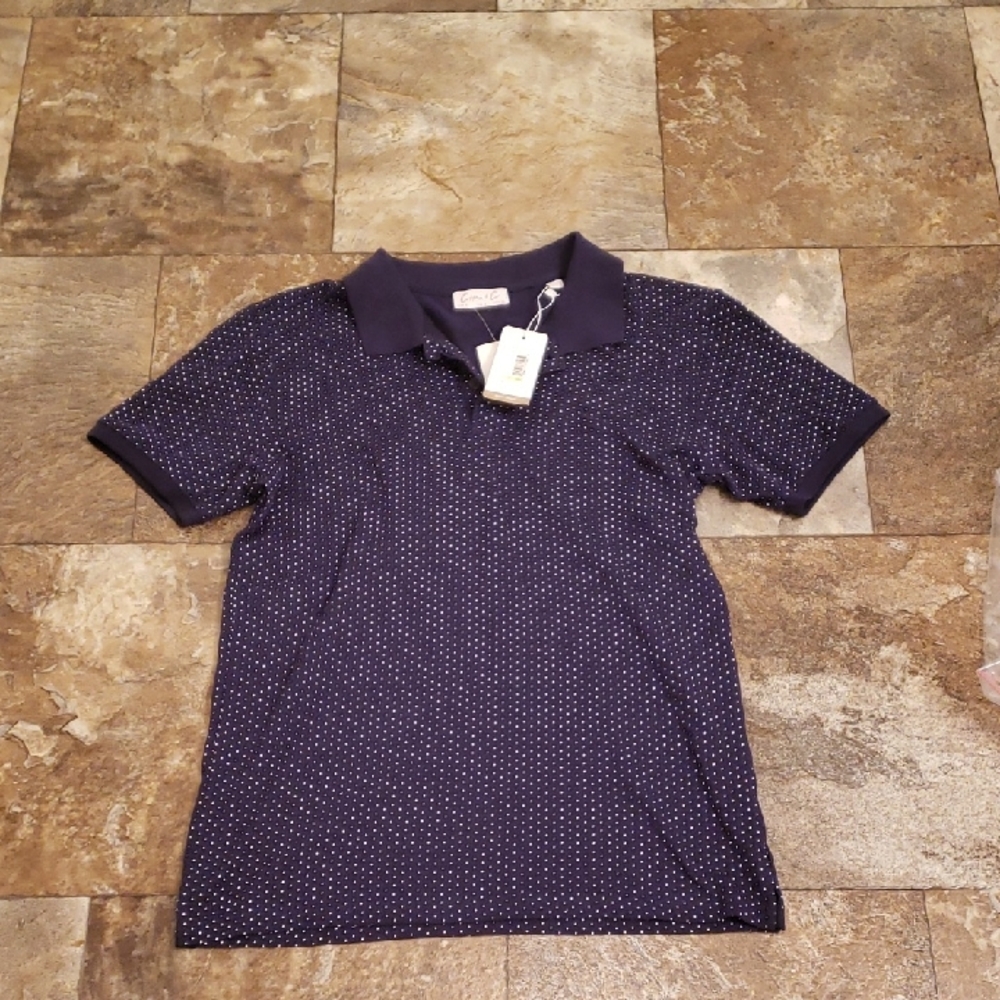 Cotton & Co. S Navy Blue Polka Dot Polo Shirt Pindot Pique Short Sleeve